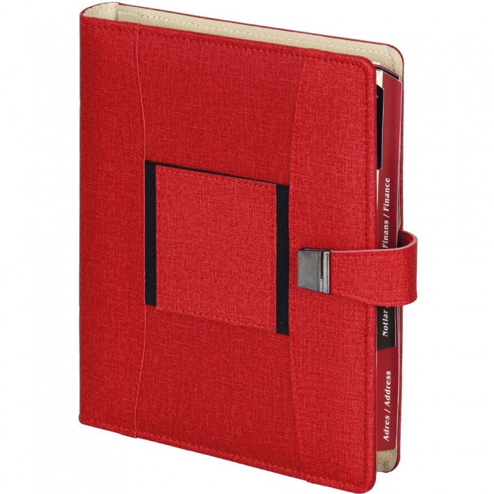 Kırmızı Dokulu Organizer Ajanda Siyah Detaylı Metal Tokalı Hesap Makineli 18x23 cm